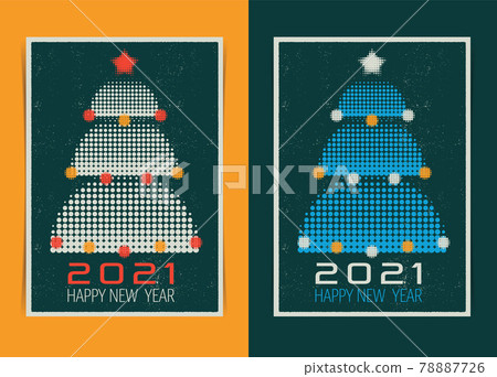 Vintage Christmas Art Poster Template with Halftone Dots Tree Illustration. Vector illustration. 78887726