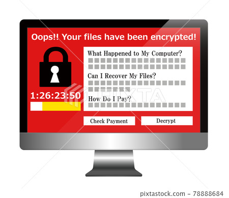 顯示感染勒索軟件病毒的屏幕的計算機顯示器 顯示感染勒索軟件病毒的屏幕的計算機顯示器 78888684