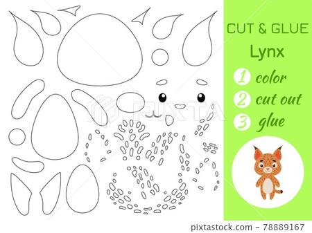 Color, cut and glue paper little lynx. Cut and paste crafts activity page. Educational game for preschool children. DIY worksheet. Kids logic game, puzzle. Vector stock illustration. 78889167