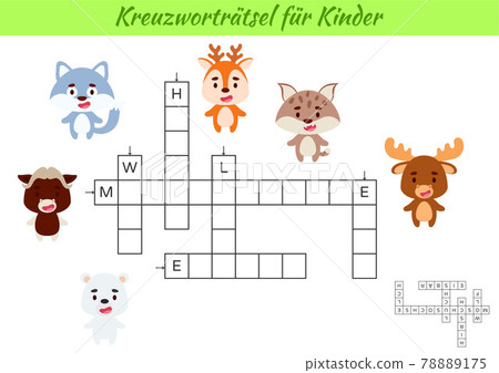 Crossword for kids in German with pictures of animals. Educational game for study German language and words. Children activity printable worksheet. Includes answers. Vector stock illustration 78889175
