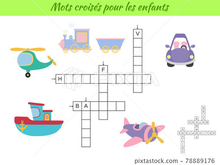 Crossword for kids in French with pictures of transport. Educational game for study French language and words. Children activity printable worksheet. Includes answers. Vector stock illustration 78889176