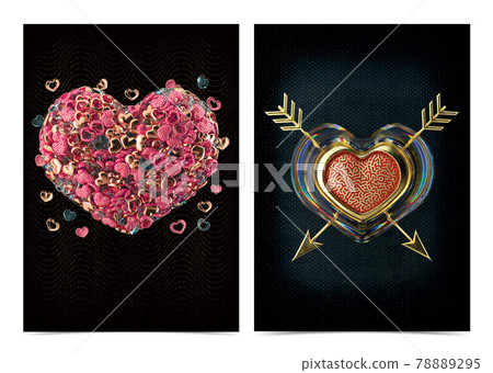 Happy Valentines Day Party Flyers Design with 3D Heart on Golden Dotted Lines Background. 78889295