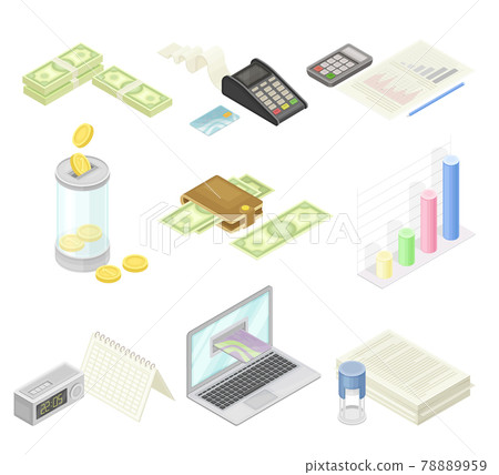 Financial Accounting with Summary, Analysis, Statement and Business Transaction Report Isometric Vector Set 78889959