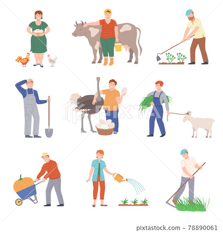 People Farmer Characters Harvesting and Doing Garden Work Vector Illustration Set 78890061