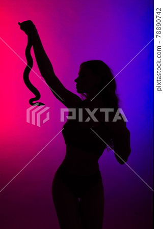 Beautiful young redhead woman with a snake with a fashionable perfect makeup. Studio shot Beautiful young redhead woman with a snake with a fashionable perfect makeup. Studio shot 78890742