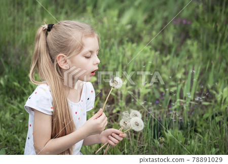 Little girl with white dandelions in her hands Little girl with white dandelions in her hands 78891029