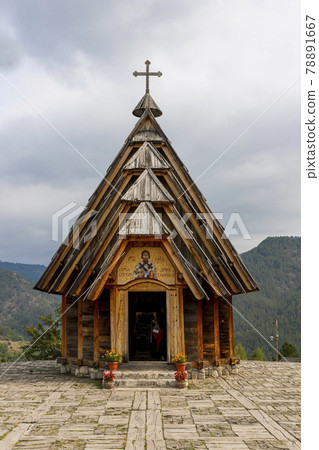 Drvengrad, Serbia- 18 September 2020: Wooden Church at Kustendorf, traditional village Drvengrad built by Emir Kusturica. Mokra Gora in Zlatibor surroundings 78891667