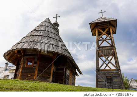 Drvengrad, Serbia- 18 September 2020: Wooden Church at Kustendorf, traditional village Drvengrad built by Emir Kusturica. Mokra Gora in Zlatibor surroundings 78891673
