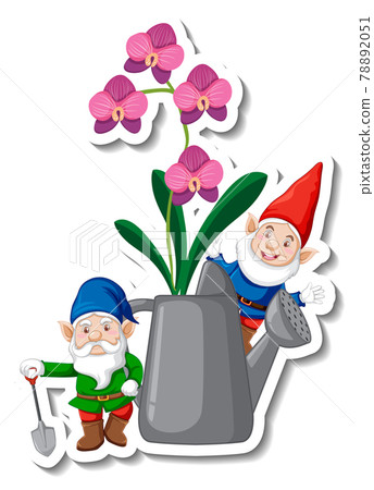 A sticker template with garden gnome and orchids in watering can A sticker template with garden gnome and orchids in watering can 78892051