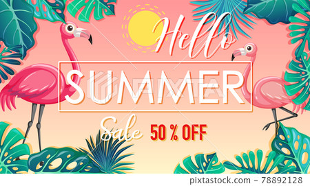 Hello Summer Sale banner with flamingo and... - Stock Illustration ...