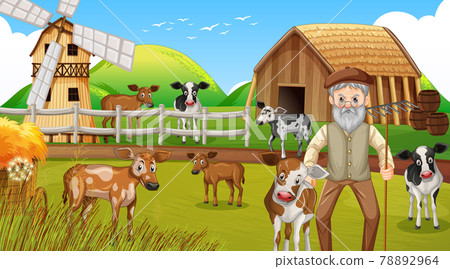 Farm at daytime scene with old farmer man and... - Stock Illustration ...