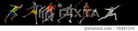 Sportsmen playing basketball, tennis, soccer football, fencing, fitness on black background in mixed light. Sportsmen playing basketball, tennis, soccer football, fencing, fitness on black background in mixed light. 78895105