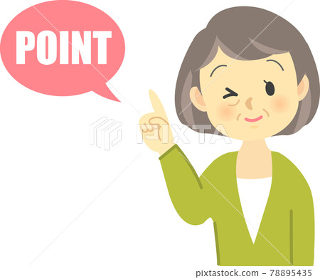 Illustration material: A scene where a cute grandmother winks and explains the points with a balloon while raising her index finger. 78895435
