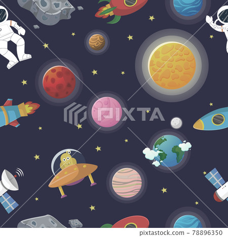 Cosmic fabric for kids. Astronaut with rocket and 78896350