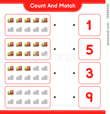 Count and match, count the number of Train and match with the right numbers. Educational children game, printable worksheet, vector illustration Count and match, count the number of Train and match with the right numbers. Educational children game, printable worksheet, vector illustration 78896560