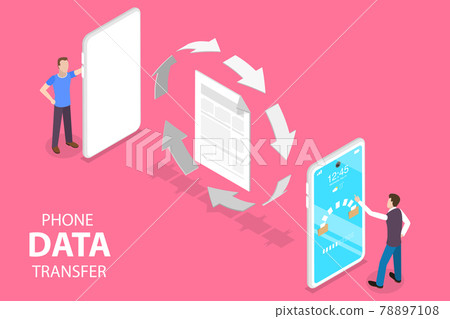 3D Isometric Flat Vector Concept of Phone Data Transfer, Online Synchronization App. 78897108