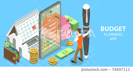 3D Isometric Flat Vector Concept of Budget Planning Mobile App. 78897112