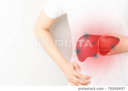 World hepatitis day concept. Woman suffering from abdominal pain with liver viral infection symbol. Awareness of prevention and treatment viral hepatitis that causes liver cancer. World hepatitis day concept. Woman suffering from abdominal pain with liver viral infection symbol. Awareness of prevention and treatment viral hepatitis that causes liver cancer. 78898497