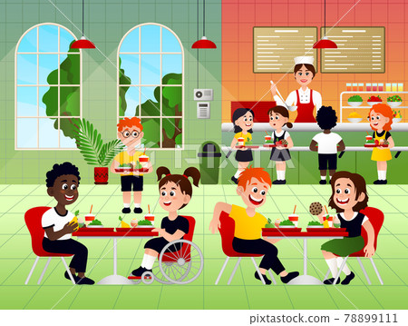 Children with healthy food at school canteen Stock Photo