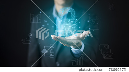 Businessman holding Big key Security to online Shopping  and icons in graph Screen Icon of a media screen,Technology Process System Business concept. online Shopping and Protection Hacker concept. 78899375
