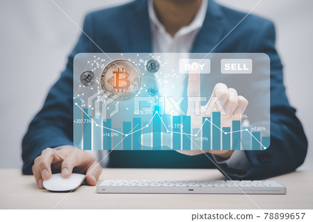 Digital graph with Bitcoin chart on-screen among piles of Bitcoin concept. businessman touch on  BUY and SELL buttons. Bitcoin on the stock market, Cryptocurrency, and finance. 78899657