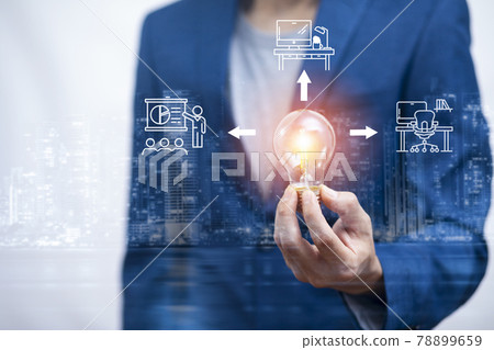 thinking and creative concept, Close up the light bulb and working on the desk, Creativity, and innovation are keys to success, new idea and innovation with Brain and light bulbs, working at home thinking and creative concept, Close up the light bulb and working on the desk, Creativity, and innovation are keys to success, new idea and innovation with Brain and light bulbs, working at home 78899659