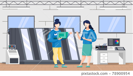 Women working with computer, printing machine in printshop are having break and communicating Women working with computer, printing machine in printshop are having break and communicating 78900954