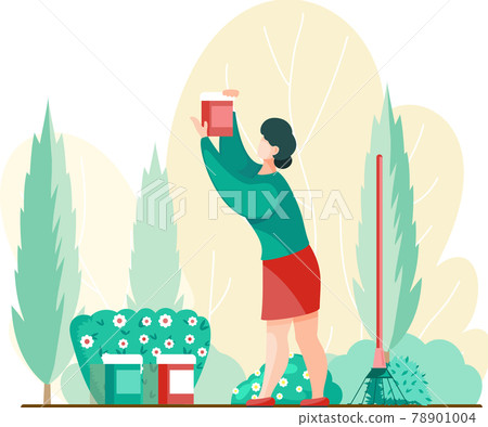 Woman farmer agricultural worker growing plants and flowers on lawn or backyard takes care of garden 78901004