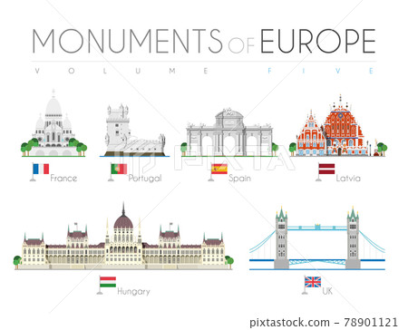 Monuments of Europe in cartoon style Volume 5: Sacre Coeur (France), Belem Tower (Portugal), Alcala Gate (Spain), Blackheads House (Latvia), Hungarian Parliament (Hungary) and Tower Bridge (UK). 78901121