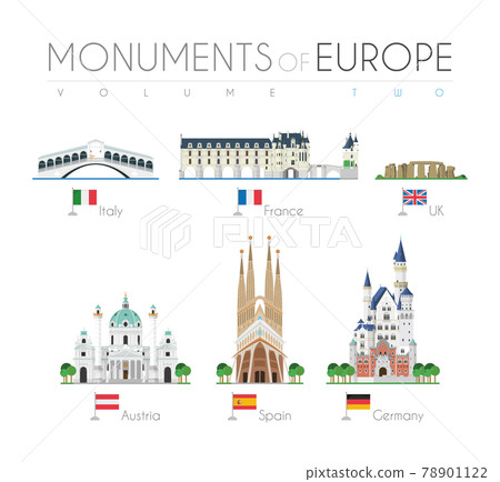 Monuments of Europe in cartoon style Volume 2: Rialto Bridge (Italy), Chenonceau Castle (France), Stonehenge (UK), Karlskirche (Austria), Sagrada Familia (Spain) and Neuschwanstein Castle (Germany). Monuments of Europe in cartoon style Volume 2: Rialto Bridge (Italy), Chenonceau Castle (France), Stonehenge (UK), Karlskirche (Austria), Sagrada Familia (Spain) and Neuschwanstein Castle (Germany). 78901122