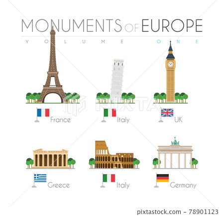Monuments of Europe in cartoon style Volume 1: Eiffel Tower (France), Pisa Leaning Tower (Italy), Big Ben (UK), Parthenon (Greece), Colosseum (Italy) and Brandenburg Gate (Germany). Vector Monuments of Europe in cartoon style Volume 1: Eiffel Tower (France), Pisa Leaning Tower (Italy), Big Ben (UK), Parthenon (Greece), Colosseum (Italy) and Brandenburg Gate (Germany). Vector 78901123