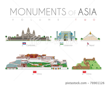 Monuments of Asia in cartoon style Volume 2: Angkor Bat (Cambodia), Ragastan Samrakand (Uzbekistan), Boudhanath Stupa (Nepal), Potala Palace and Great Wall (China). Vector illustration 78901126
