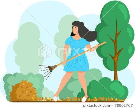 Happy woman doing garden work, remove yellow leaves, works on yard. Agricultural worker in autumn Happy woman doing garden work, remove yellow leaves, works on yard. Agricultural worker in autumn 78901767