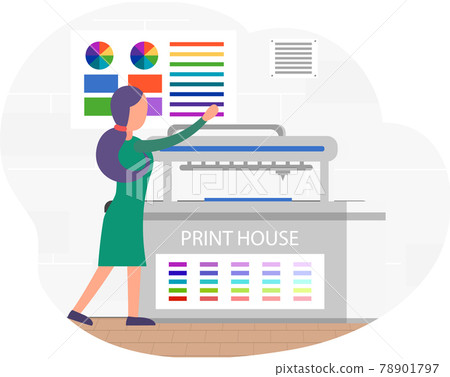 Girl checks presence of ink in printer. Female character is watching printing process in typography Girl checks presence of ink in printer. Female character is watching printing process in typography 78901797