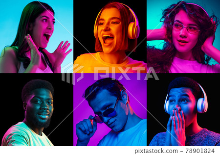Portraits of group of people on multicolored background in neon light, collage. 78901824