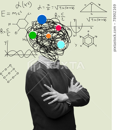 Calculation and formulas in man's head. Modern design, contemporary art collage. Inspiration, idea, trendy urban magazine style. 78902169