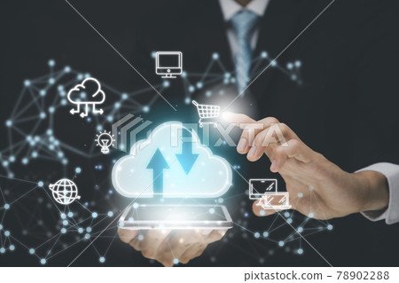 Businessman holding tablet connect to data information on the cloud icon computing network., Backup Storage Data Internet, networking and digital, Share global, and technology, concept. Businessman holding tablet connect to data information on the cloud icon computing network., Backup Storage Data Internet, networking and digital, Share global, and technology, concept. 78902288