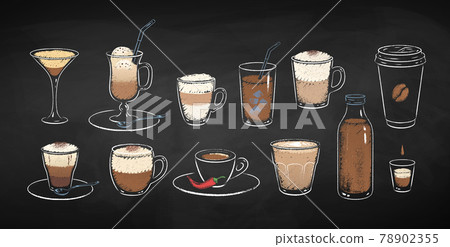 Coffee drinks on chalkboard background Coffee drinks on chalkboard background 78902355