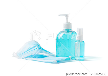 surgical mask with hand sanitizer and alcohol spray isolated on white background, surgical mask with hand sanitizer and alcohol spray isolated on white background, 78902512