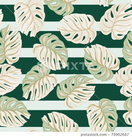 Foliage tropical seamless pattern with random monstera leaf shapes. Blue and green striped background. 78902687