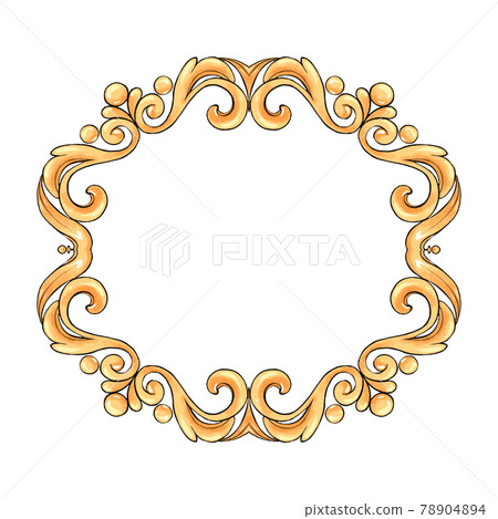 Decorative gold frame with scrolls. Hand drawn elements for design 78904894
