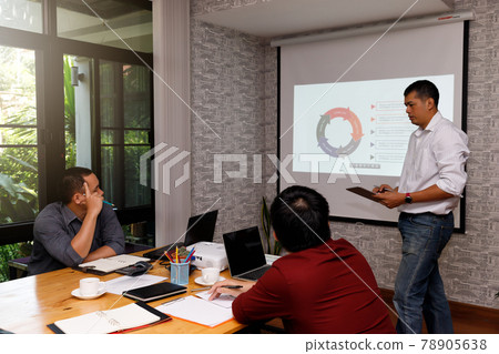 Business team meeting and discussing project plan. Businessmen discussing together in meeting room. Professional investor working with business project together. 78905638