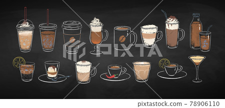 Coffee drinks on chalkboard background Coffee drinks on chalkboard background 78906110