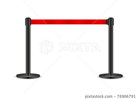 Realistic vector retractable belt stanchion. Crowd control barrier posts with caution strap. Queue Realistic vector retractable belt stanchion. Crowd control barrier posts with caution strap. Queue 78906791