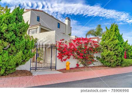 Plants and flowers against fence of house with iron gate in Huntington Beach CA 78906998