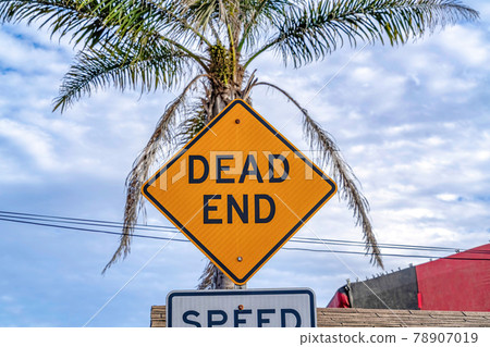 Dead End warning road sign against palm tree in Huntington Beach California 78907019