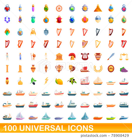 100 universal icons set, cartoon style 100 universal icons set, cartoon style 78908429