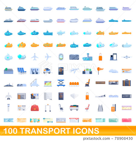100 transport icons set, cartoon style 100 transport icons set, cartoon style 78908430