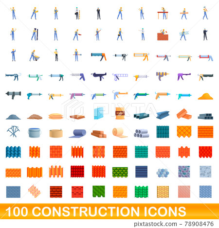 100 construction icons set, cartoon style 78908476