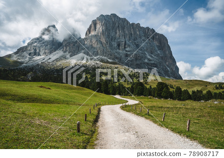 Hiking trail in Sassolungo Langkofel landscape during summer season hiking trip. Val Gardena Dolomites in summer 78908717